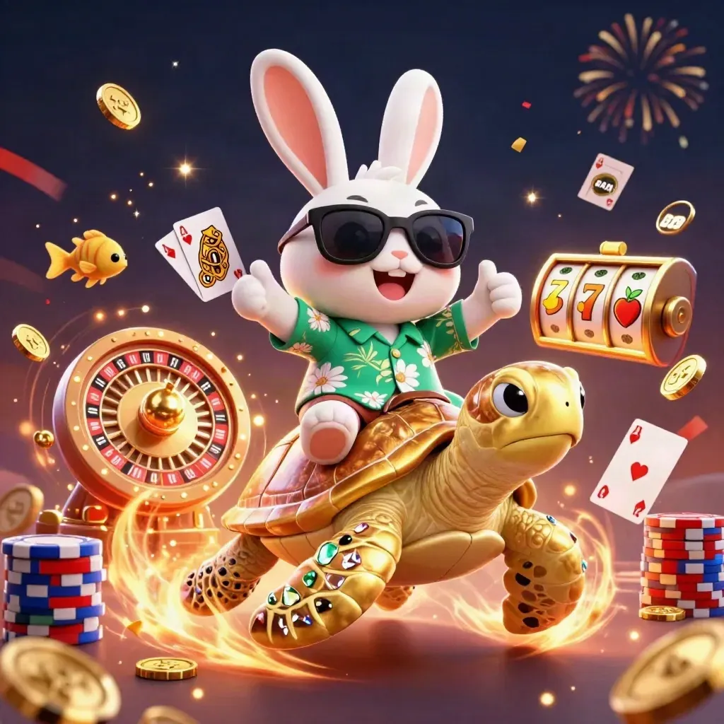 Lucky rabbit rides a jeweled sea turtle amid coins, cards, chips and casino sparks.