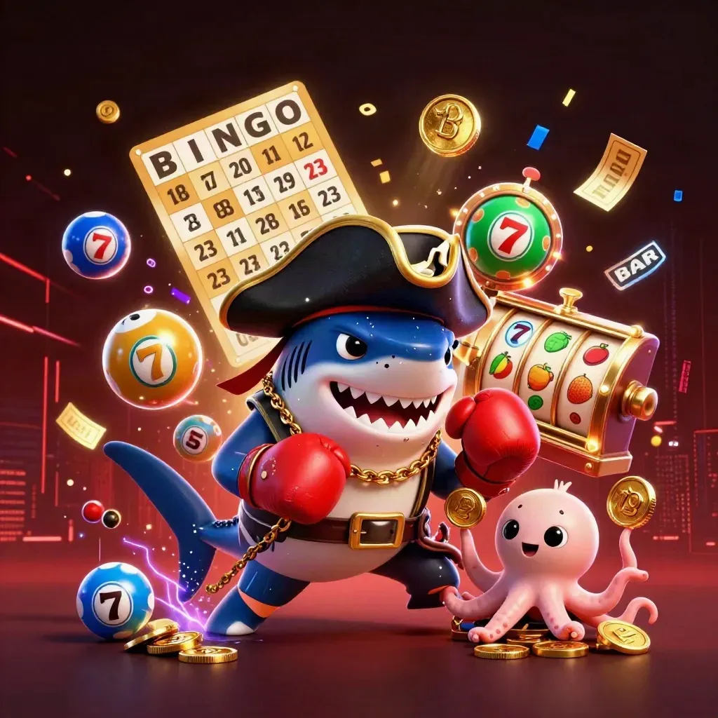 Shark pirate, pufferfish and octopus amid casino reels, coins and neon lightning.