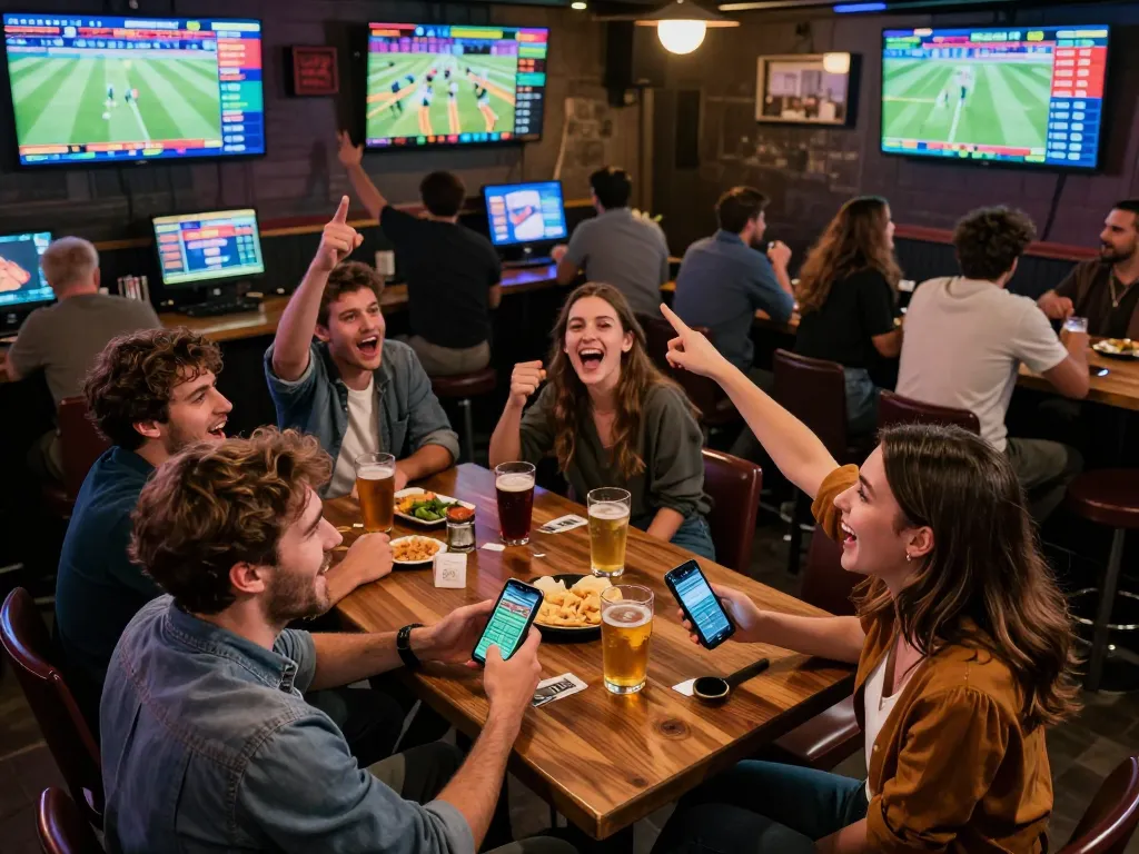 Excited players engaging in thrilling sports betting at p789bet, surrounded by live screens and a lively atmosphere.