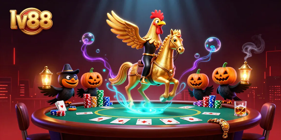 Experience the thrill of lv88 casino with a golden rooster and poker elements in a captivating scene.