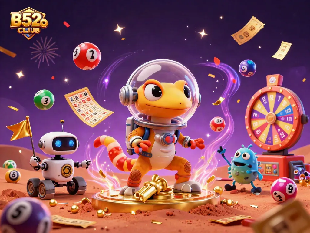 B52CLUB captivates players with a dynamic scene of a Martian gecko discovering a golden casino amidst vibrant lottery elements.