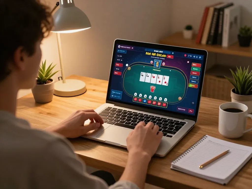 Player enjoying say88 poker game on laptop in a warm home setting with strategic notes nearby