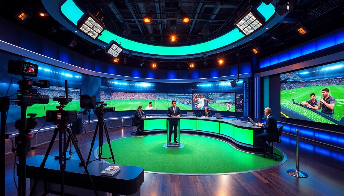 Engaging scene of sports broadcasting studio highlighting vibrant technology and dynamic presenter.
