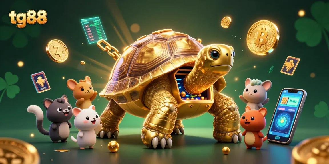 Spin and win with tg88 as golden tortoise interacts in a vibrant casino adventure.
