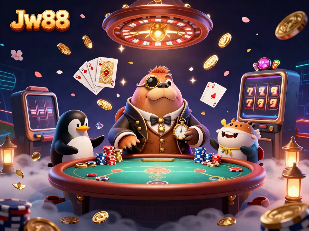 Experience the thrill of Jw88 at an underwater poker table with a playful gaming scene featuring a walrus and friends.