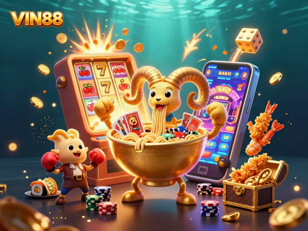 Experience thrilling gameplay with VIN88's vibrant charm in this dynamic casino illustration featuring a golden ramen bowl and its cheerful friends.