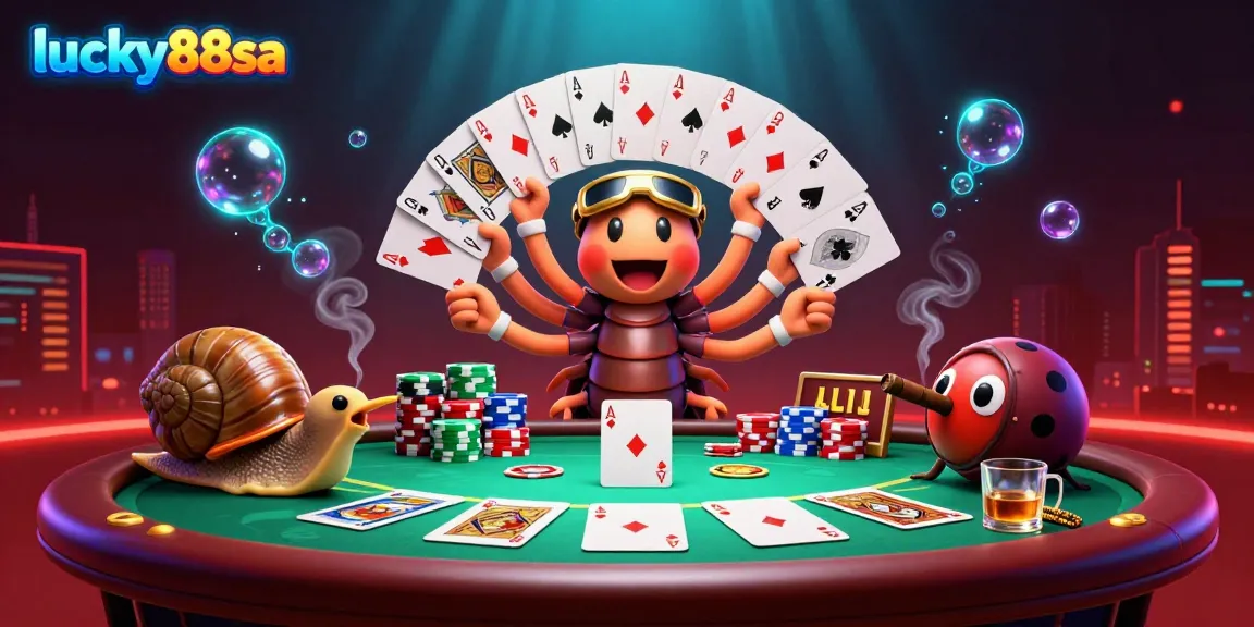 Exciting scene depicting lucky88sa with a cartoon millipede dealer, poker table, and vibrant game elements for a captivating casino atmosphere.