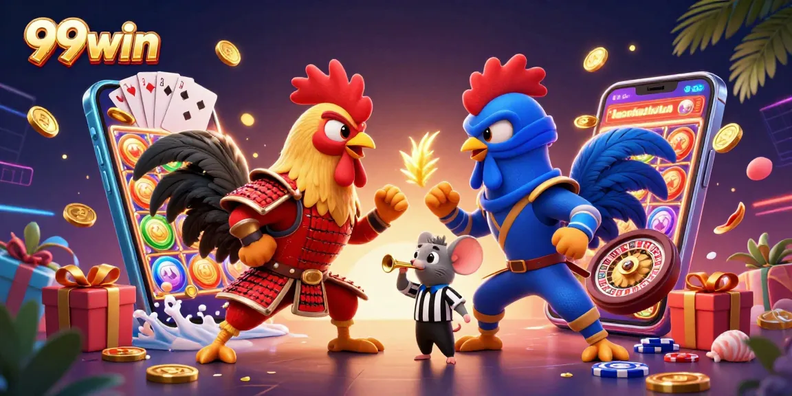 Engage with 99win's vibrant 3D casino scene showcasing a dramatic rooster standoff amidst games and elements.