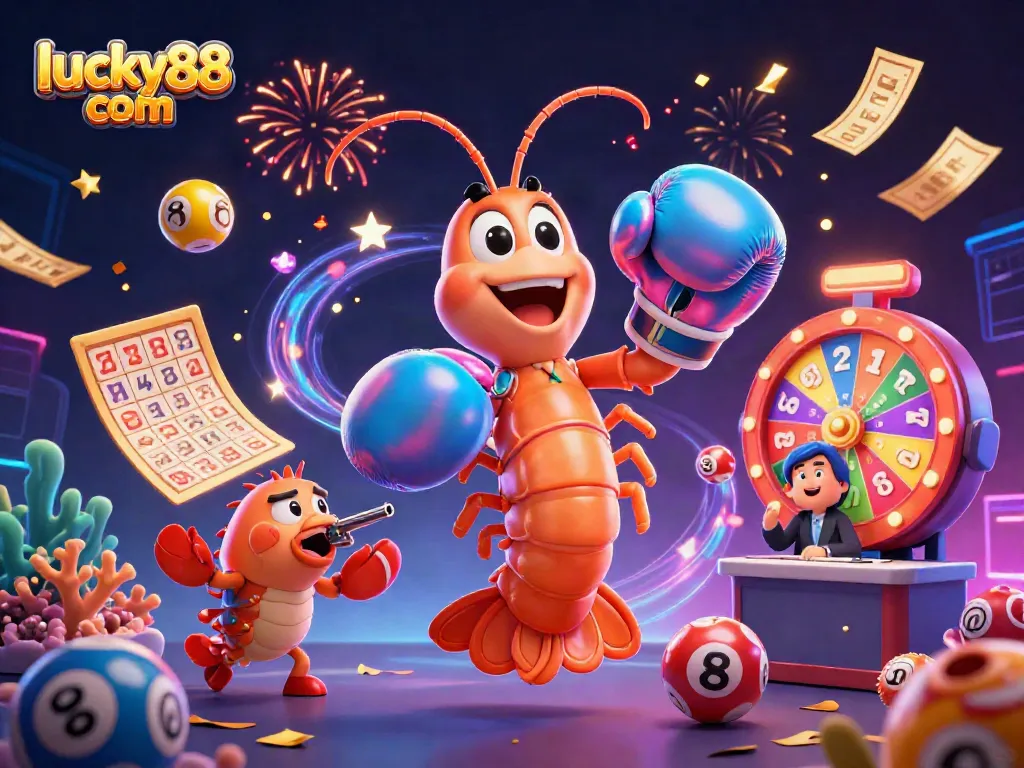 Engage with luck at lucky88 com while colorful lottery balls dynamically float around vibrant characters.