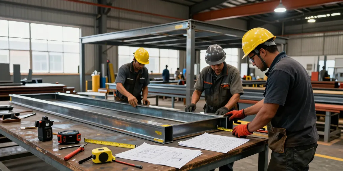 Custom steel fabrication workshop showcasing a commercial steel company with skilled workers assembling structures.