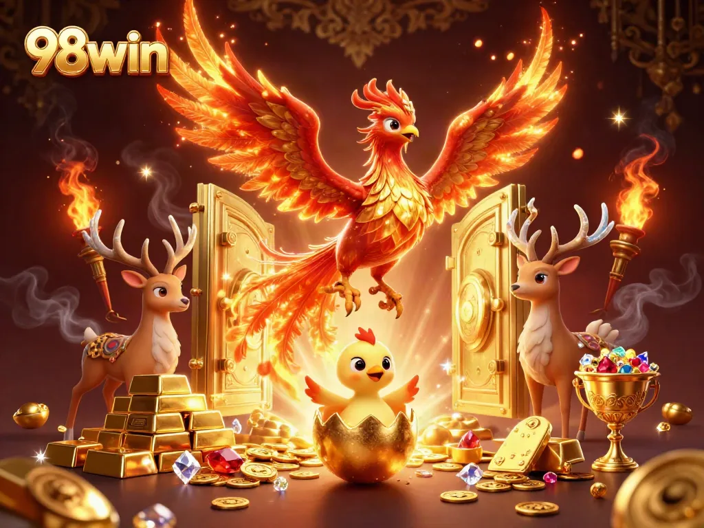 Enhance your gaming experience at 98win with stunning visuals of a phoenix scene bursting with riches.