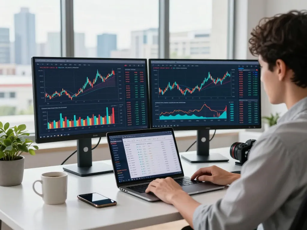 Professional analyzing financial data at https://thscrore.com/ in a modern home office.