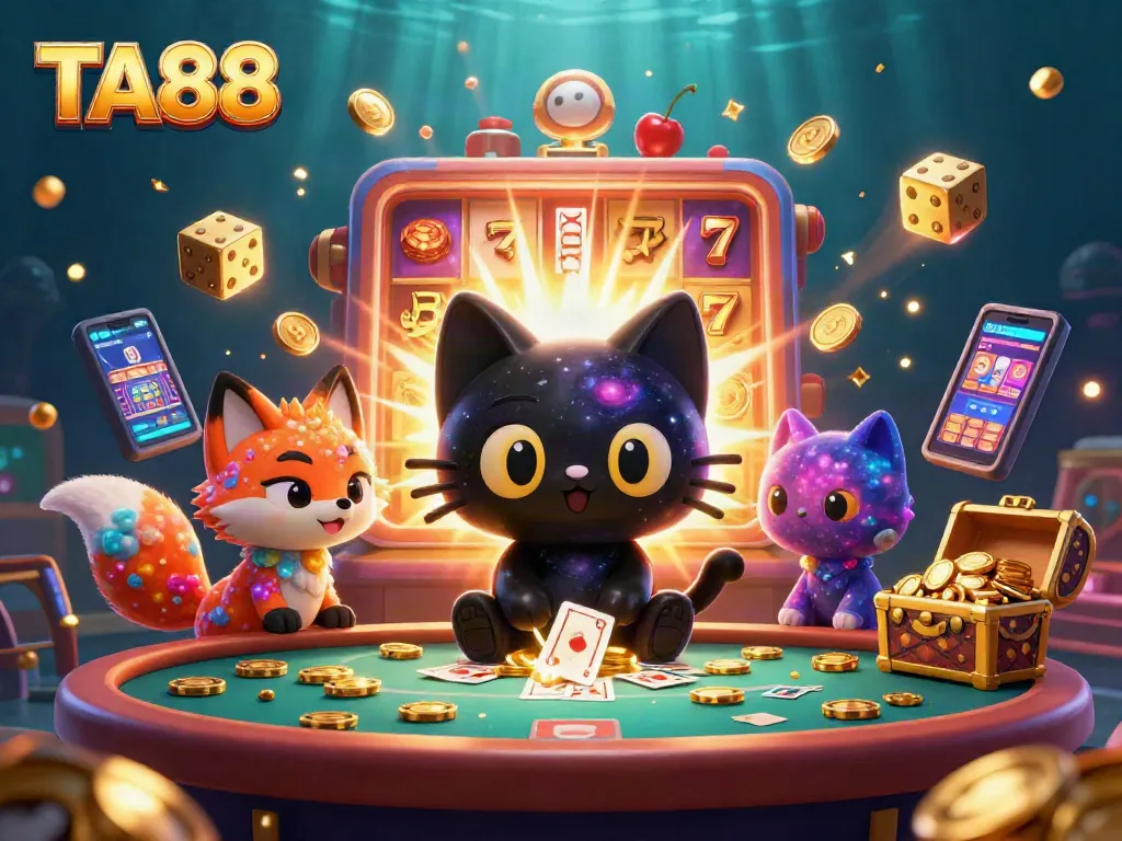Experience the excitement of TA88 with a captivating cosmic casino scene featuring dynamic characters and games.