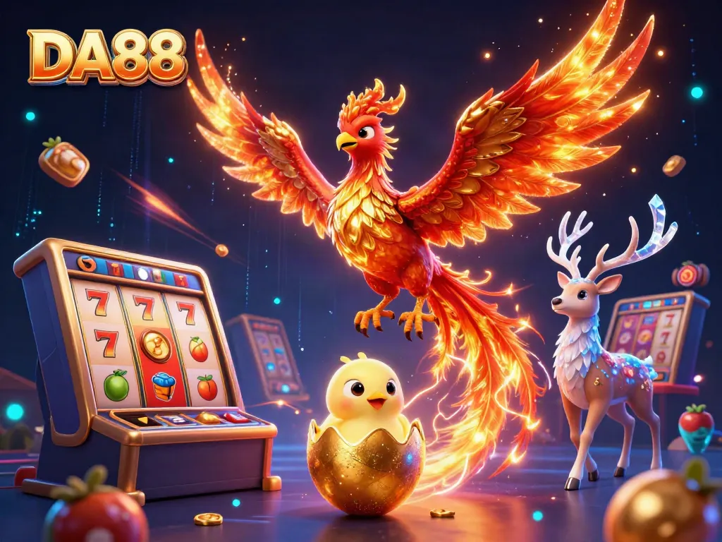 Engage with DA88's dynamic casino experience featuring a blazing phoenix and golden slot machines.