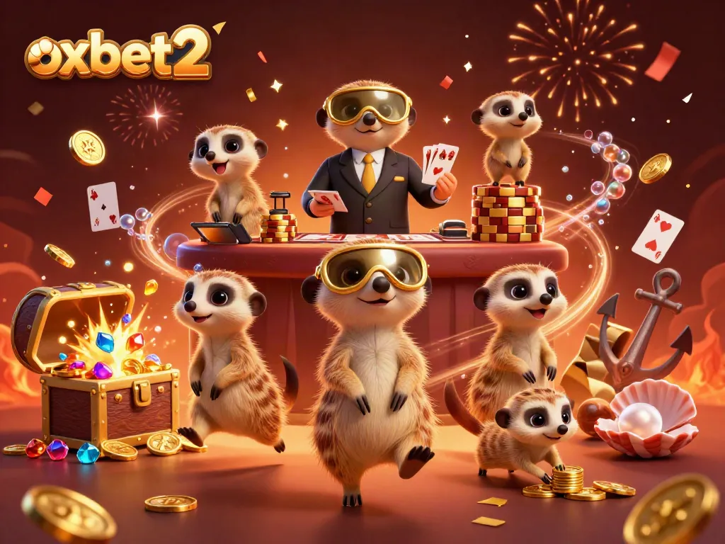 Join the action at oxbet2 as meerkats run a vibrant casino with colorful chips and treasure.