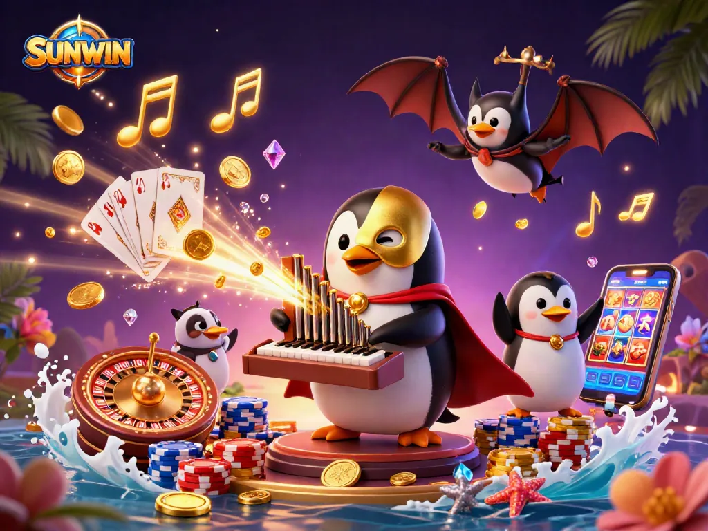 SUNWIN illuminates gameplay with vibrant cartoon characters and casino elements cascading around.