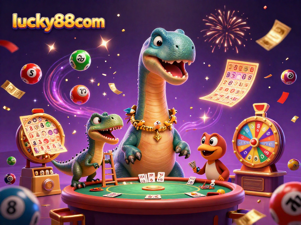 Experience dynamic gaming with lucky88com as a brontosaurus overlooks a lively casino scene.