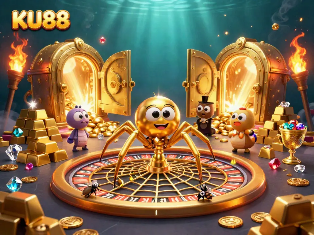 KU88 players spin a golden web of fortune with dewdrops in a vibrant casino scene.
