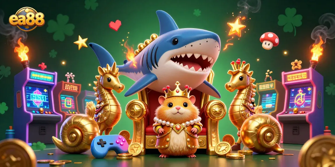 Experience thrilling games at EA88, where the golden hamster king reigns in a lively casino scene.