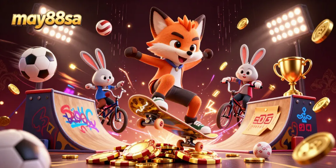may88sa engages gamblers with a vibrant scene of a skateboarder fox and BMX rabbit amidst casino symbols.