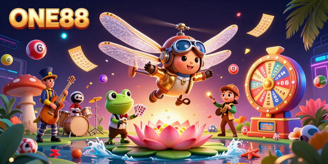 Engage with the vibrant ONE88 casino scene featuring a dragonfly pilot and lively frog croupier.