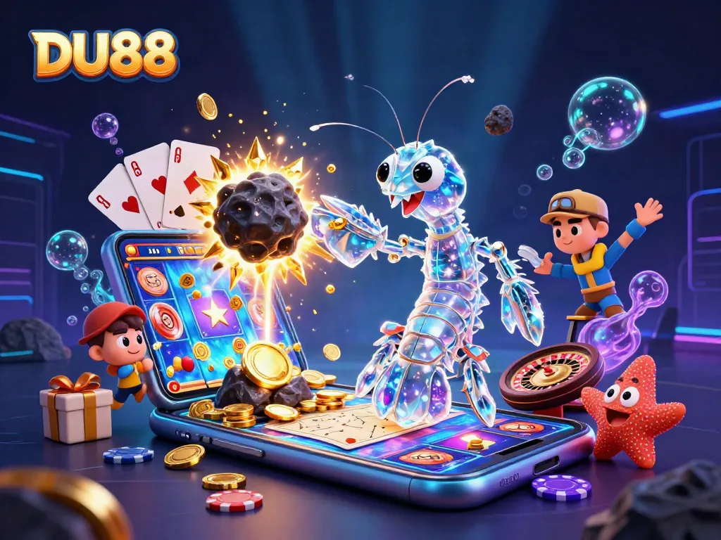 Engage with DU88's exciting slot games featuring colorful reels and stunning rewards in this dynamic 3D illustration.