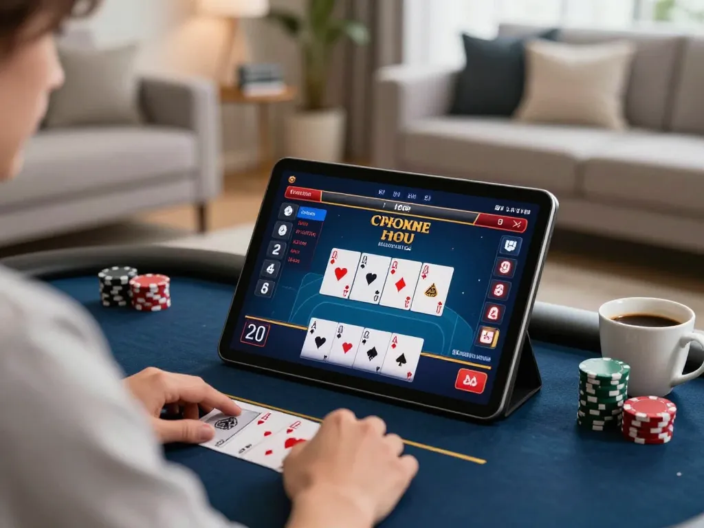 Engaging in Sky88 đăng nhập through an online poker game on a tablet, showcasing modern lifestyle.