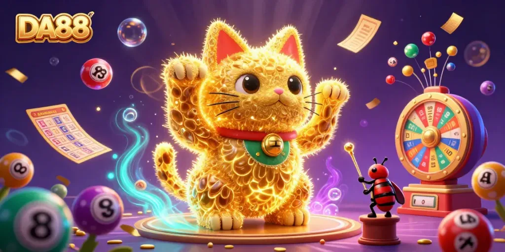 Engage with DA88's exciting promotions featuring a vibrant visual of the giant lucky cat in a crowded casino atmosphere.