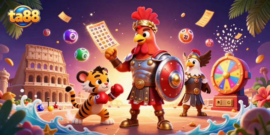 Engage with ta88 through interactive casino-themed illustration showcasing a vibrant lottery theme.