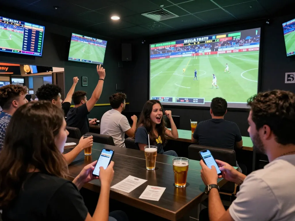 Excited sports bettors engaging with real-time odds during a game at 98win, capturing the thrill of wagering.