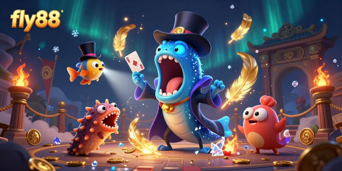 Experience thrilling magic tricks with fly88 characters in a vibrant casino scene filled with excitement.