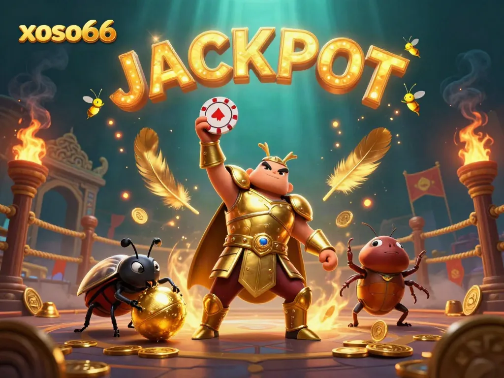 Engage in exciting gameplay at xoso66, where a victorious beetle lifts a poker chip amidst dynamic casino elements.