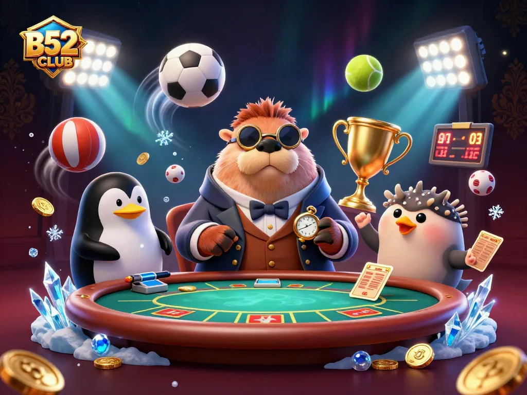 Join the fun at B52CLUB poker table with a jolly walrus, sophisticated dealer, and a bluffing pufferfish.