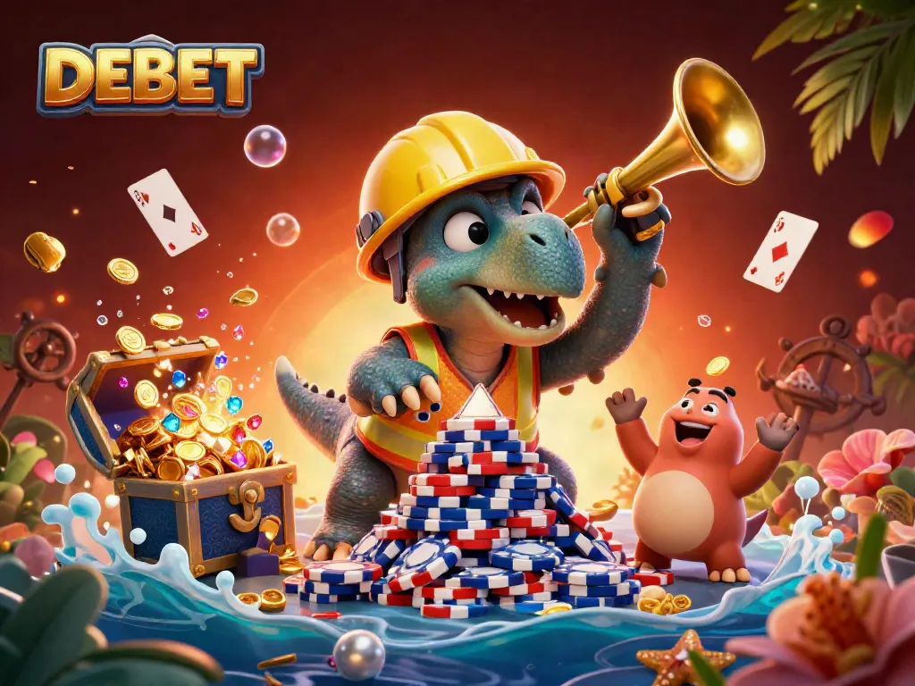 Engaging DEBET gaming scene featuring characters building poker chips amidst underwater treasures.