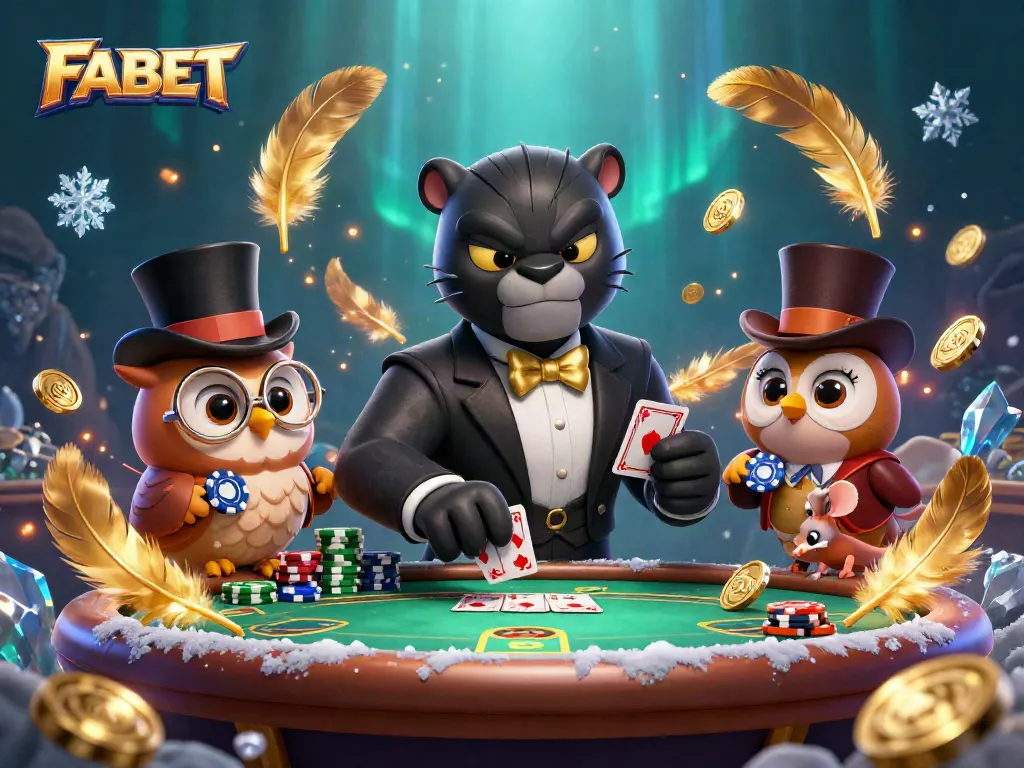 Engage in exciting blackjack at FABET with a stylish panther dealer, owl with poker chips, and lucky mouse.
