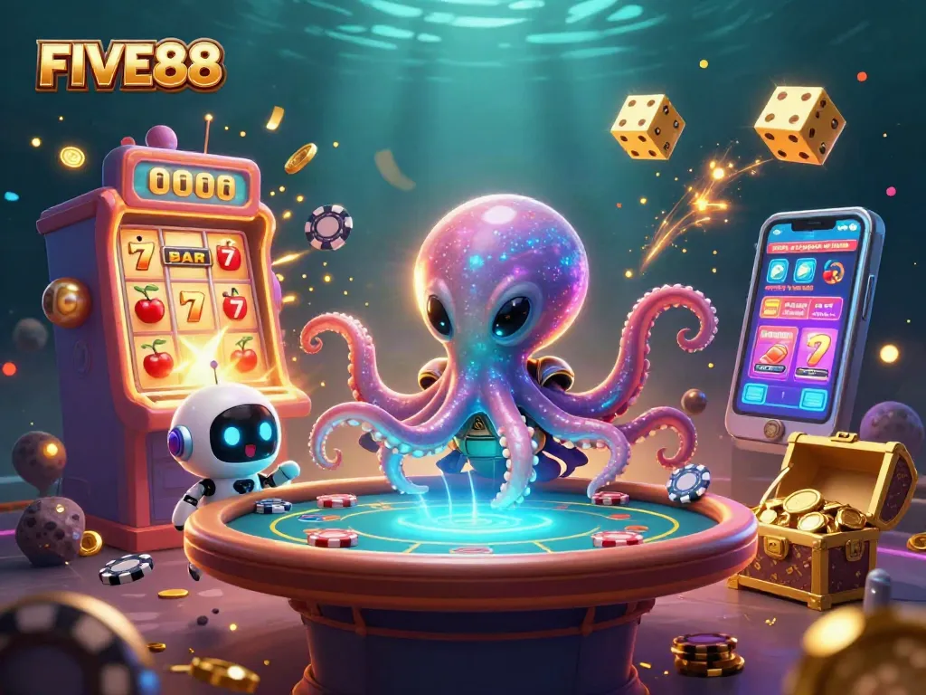 Experience exciting games at FIVE88 with a vibrant 3D casino scene featuring an alien octopus.