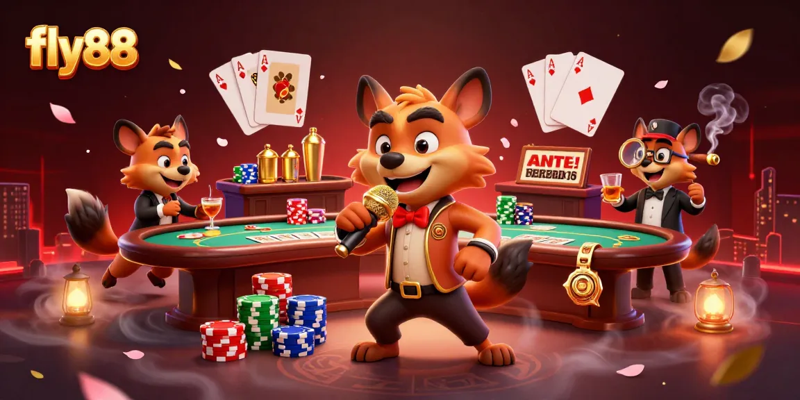 fly88 brings excitement with hyena characters in a vibrant casino scene, showcasing poker elements and dynamic action.