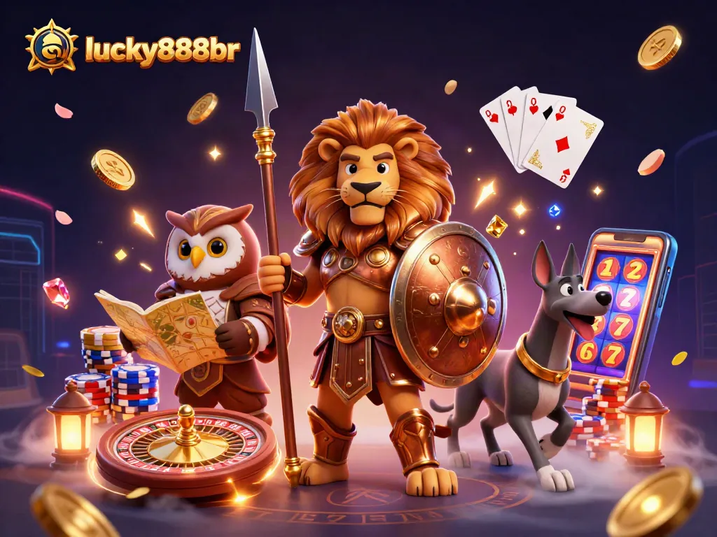 Engage with lucky888br, experiencing thrilling casino games with a Spartan lion and friends.