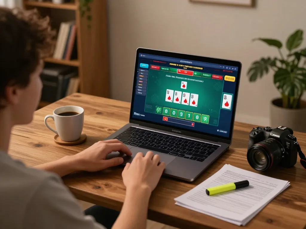 Engaging online poker session at home using https://9bet9.in.net, showcasing a player strategizing over a laptop.
