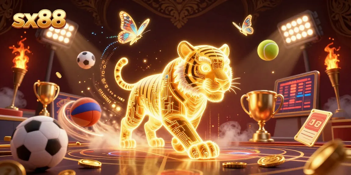 Savor thrilling gaming moments at sx88 with a neon tiger amidst vibrant sports elements.
