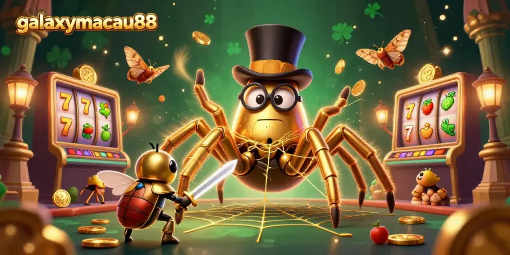 Experience thrilling gameplay at galaxymacau88 with a vibrant slot scene, golden tarantula, and beetle knight.