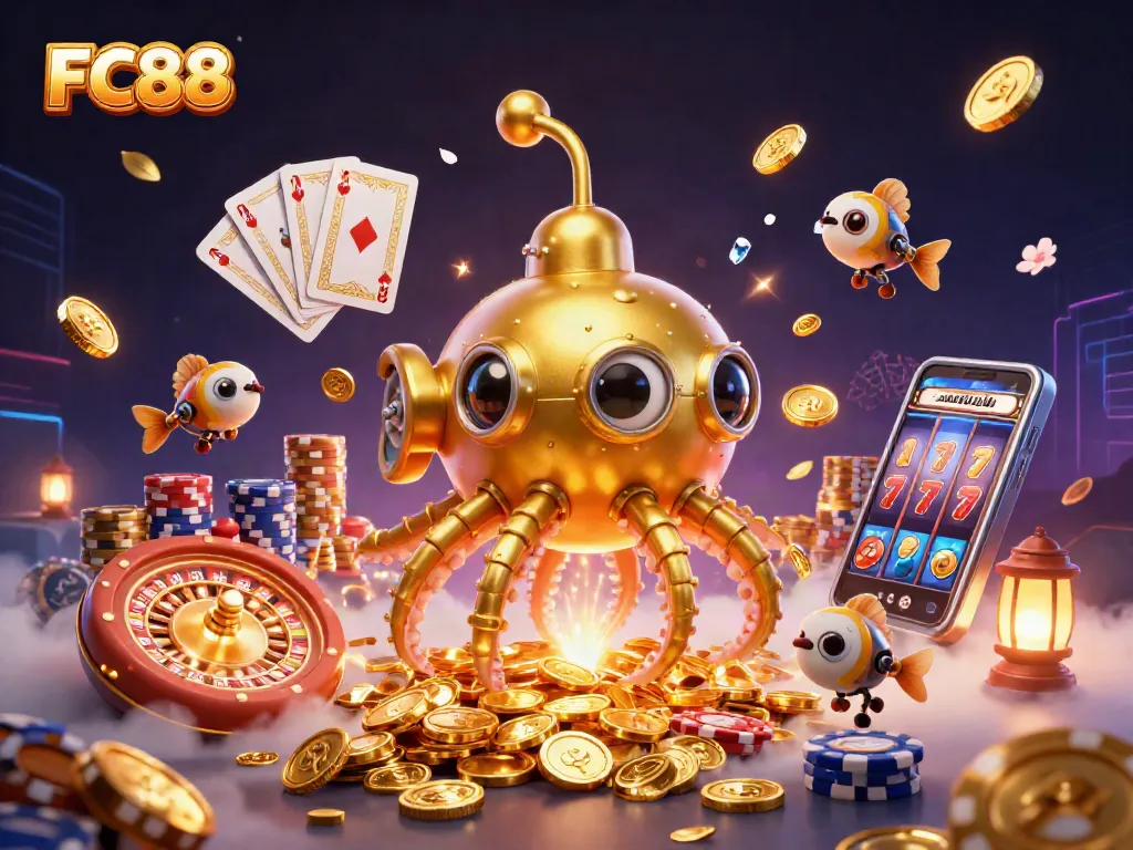Experience excitement at FC88 with a vibrant 3D casino scene filled with gold coins, slots, and games.