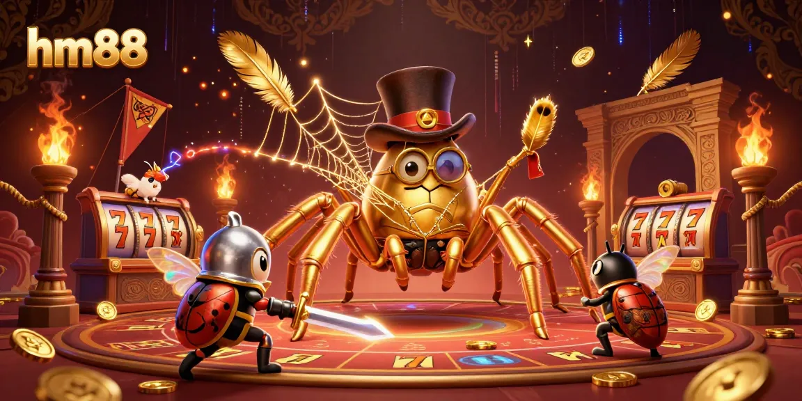 hm88 showcases a thrilling slot game scene featuring a golden tarantula, a beetle knight, and dynamic gaming elements.