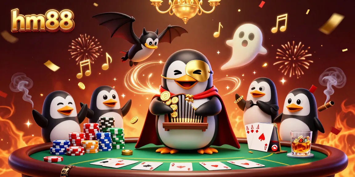 Experience the vibrant gaming scene with hm88 from a cartoon penguin playing an organ surrounded by poker elements.