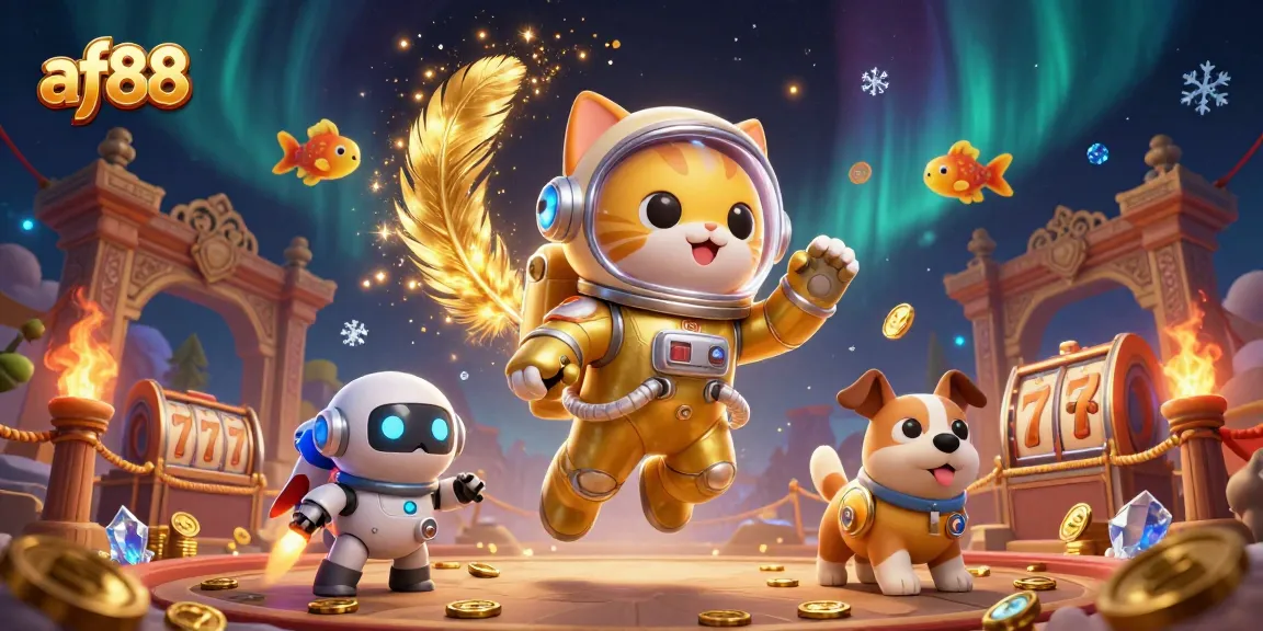 af88 enhances the gaming experience with a vibrant 3D illustration of a space cat, engaging in slot reels action