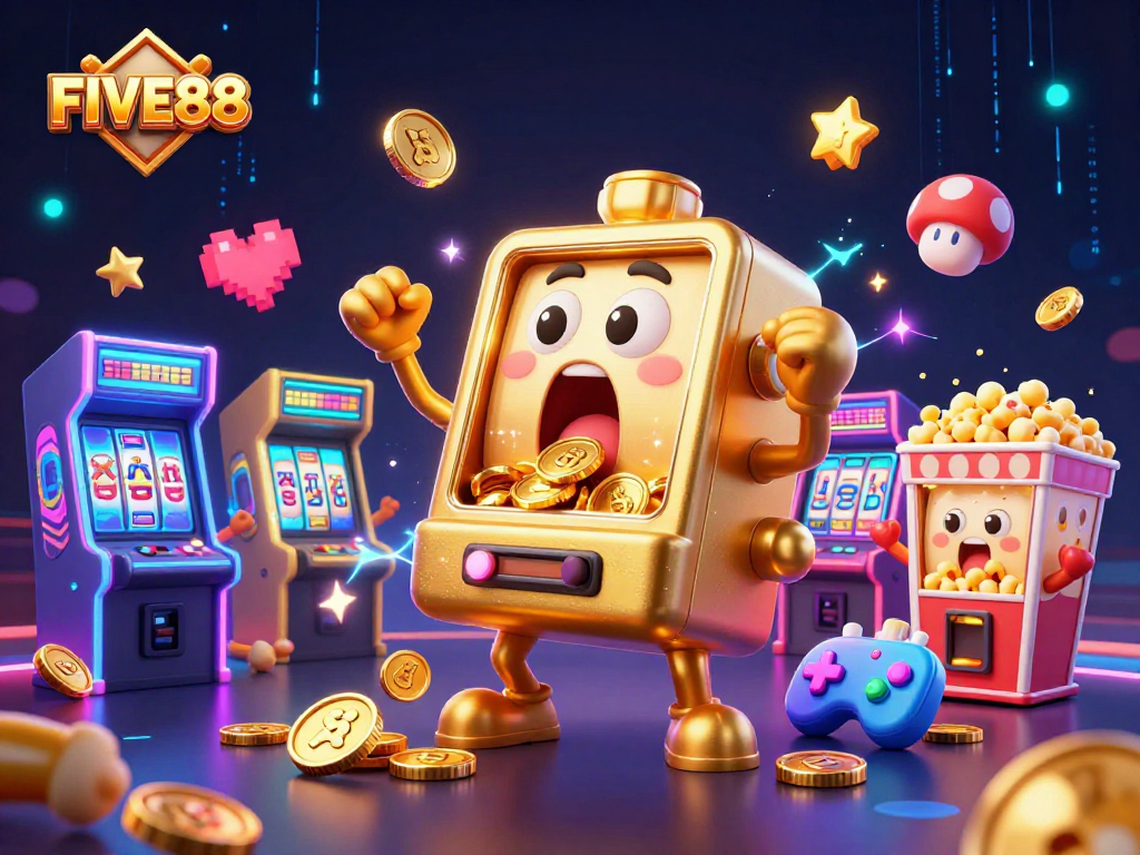 Celebrate BIG wins with the animated FIVE88 slot machine hitting jackpots and surrounded by cheering companions.