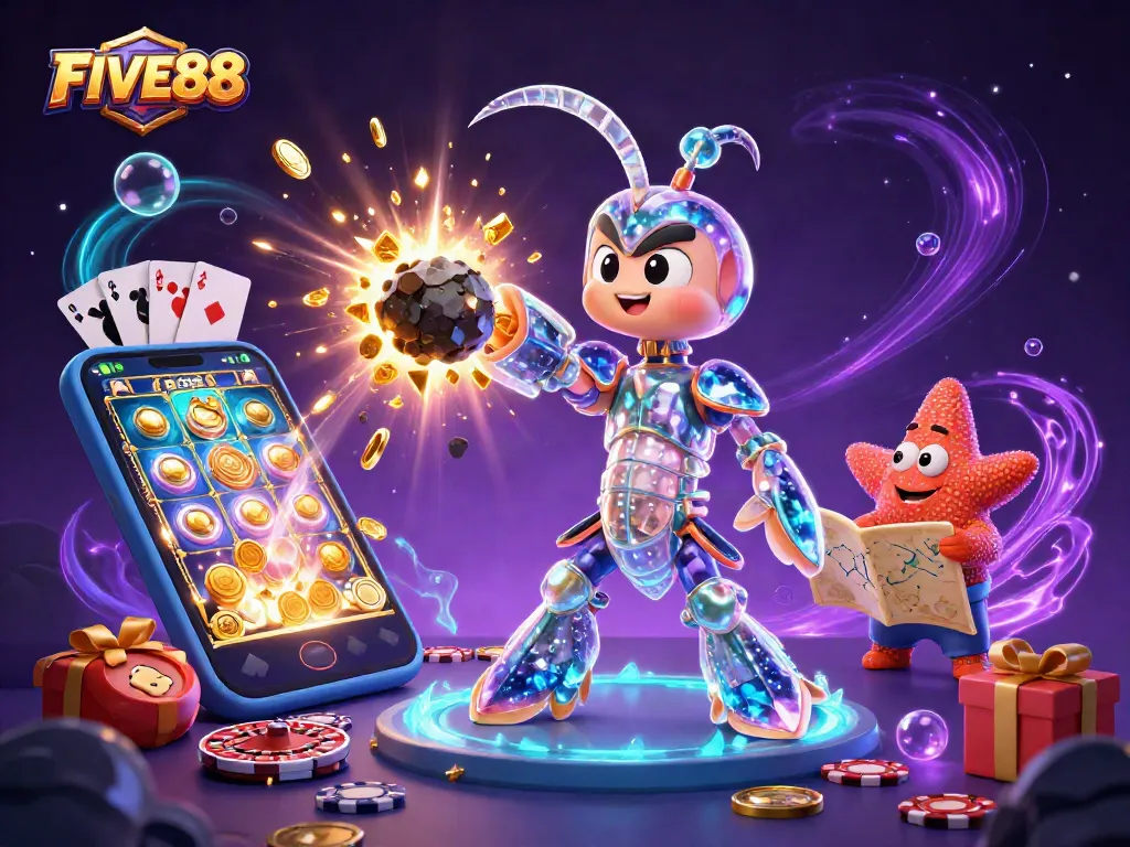 Engage with the vibrant universe of FIVE88 slots as galactic samurai and starfish navigate through a treasure-filled asteroid.