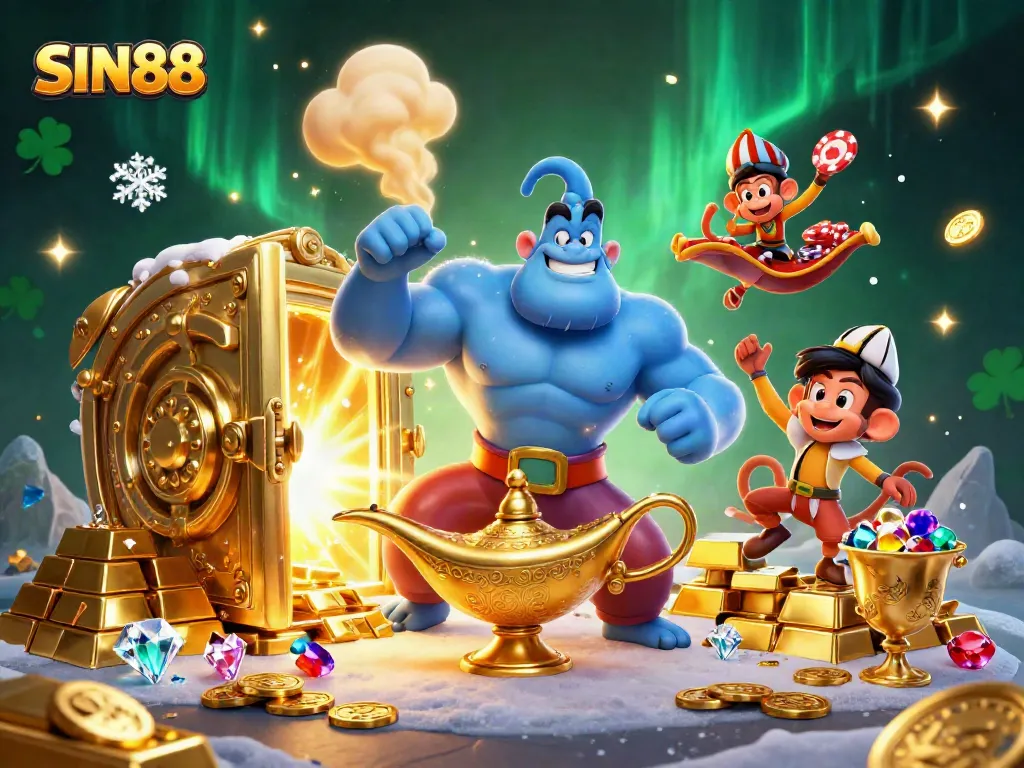 SIN88 showcases a powerful genie and monkey on a rich magic carpet surrounded by treasures, enhancing the casino experience.
