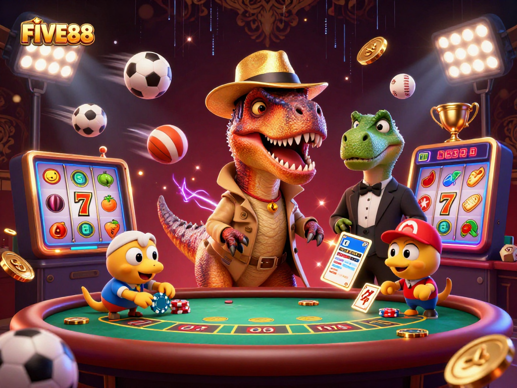 Engage with FIVE88's thrilling blackjack scene featuring a velociraptor card counter and stegosaurus pit boss.