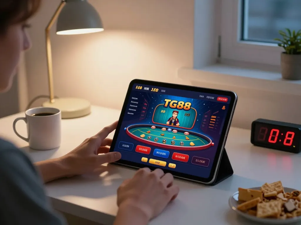 TG88 user engaging with online table games at home, showcasing modern gaming setup.